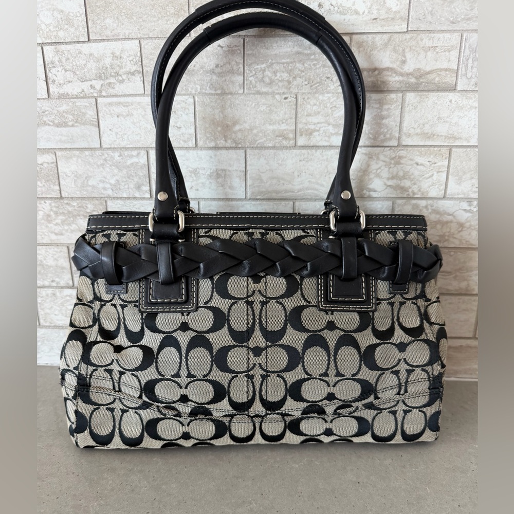 Coach Black and Beige Signature Canvas Satchel with Braided Leather Trim - Picture 5 of 14